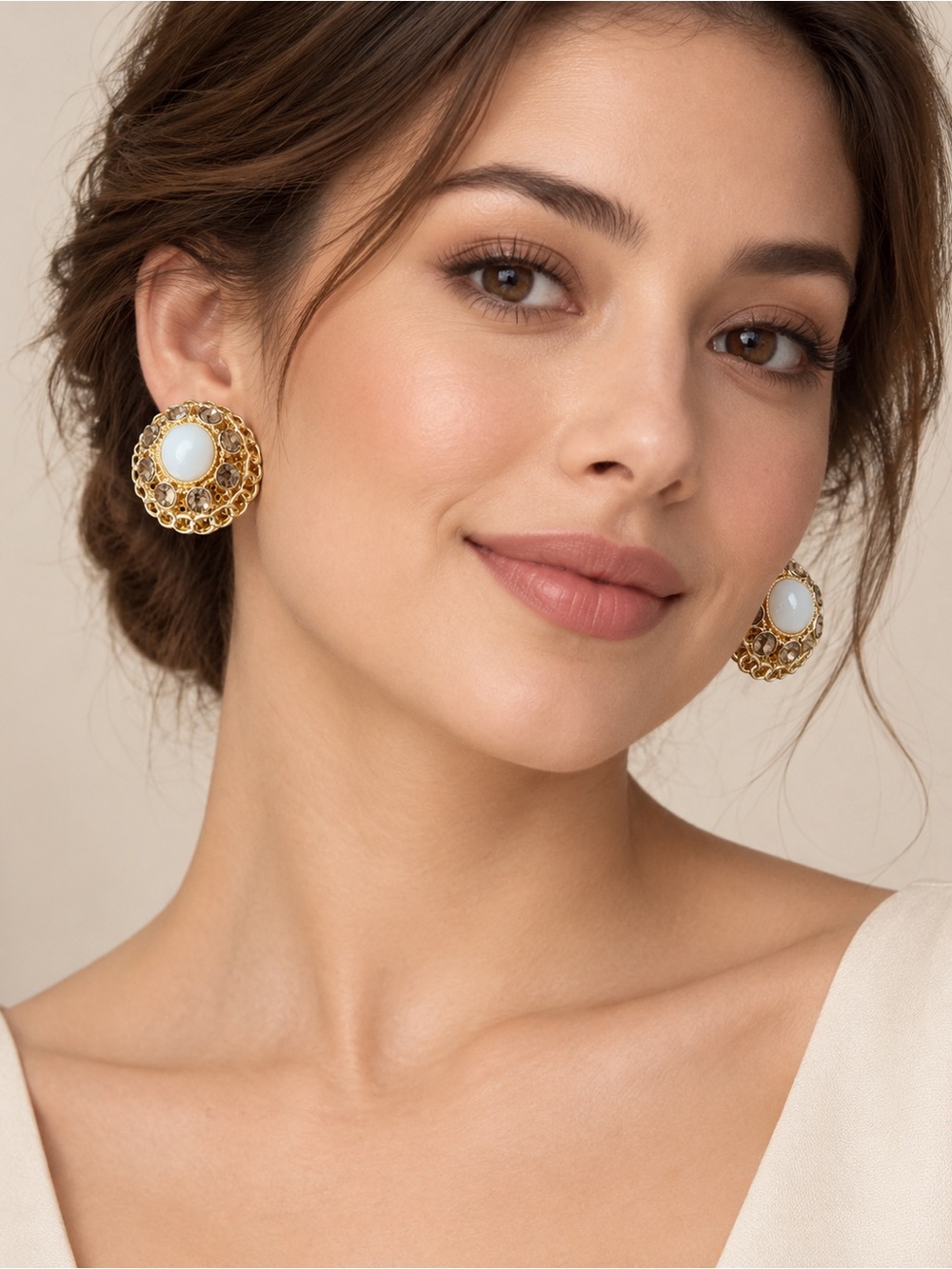 Boutique Gold-Tone Clip-On Earrings with Opalescent Center & Crystal Accents